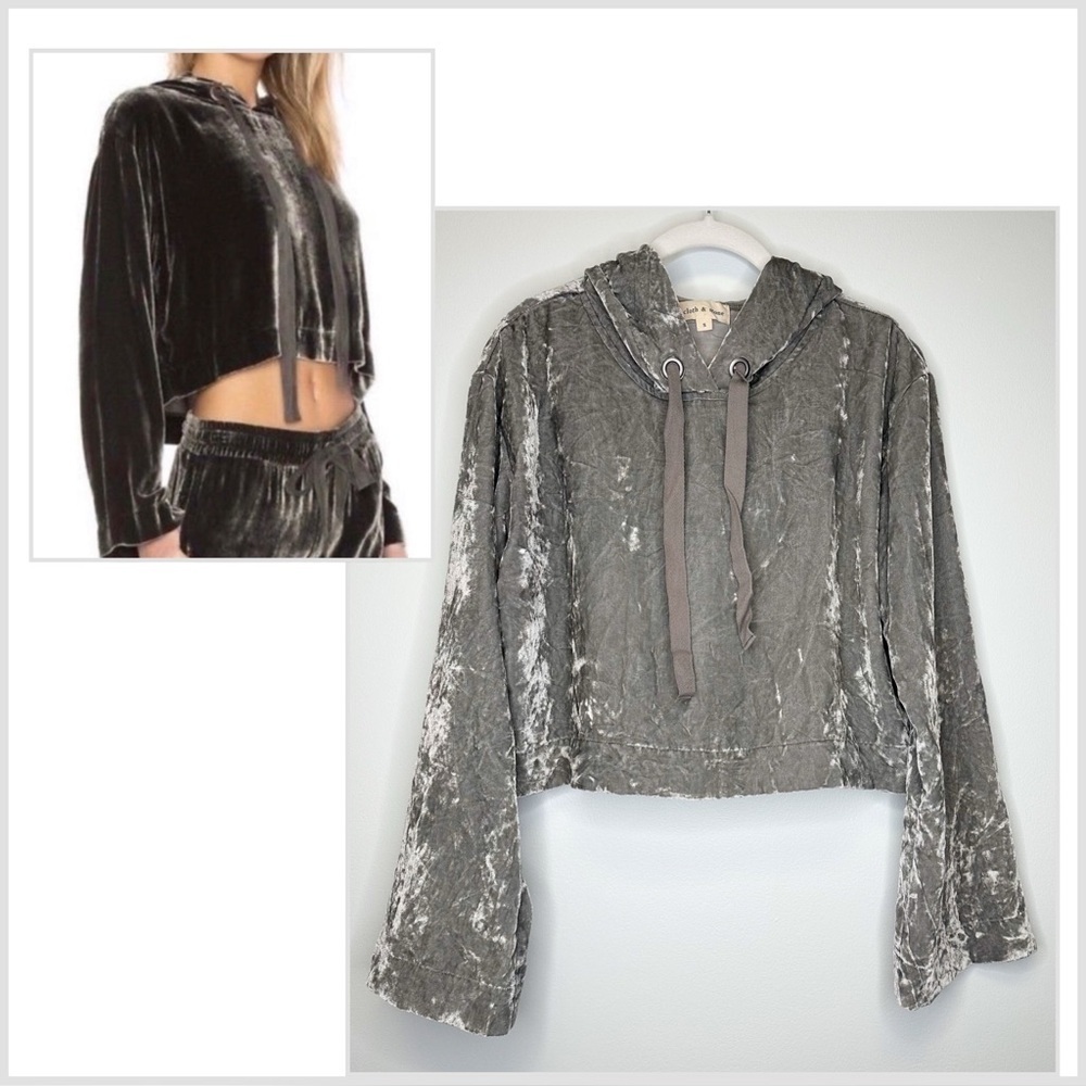 Cloth & Stone Light Gray Crushed Velvet Pullover Hooded Crop Top Women’s Small